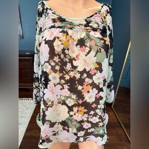 LC Lauren Conrad Sheer Floral Blouse Black Cream Long Sleeve Size S